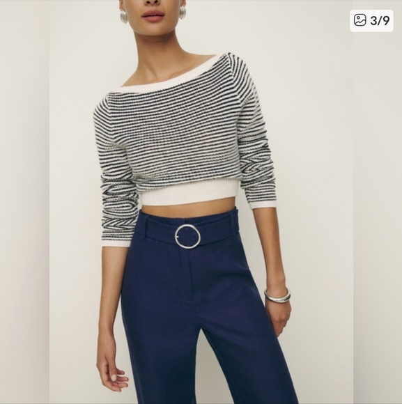 REFORMATION Ace Linen Pant Wide Leg Flare Belted Danube Blue 8 - Picture 4 of 10